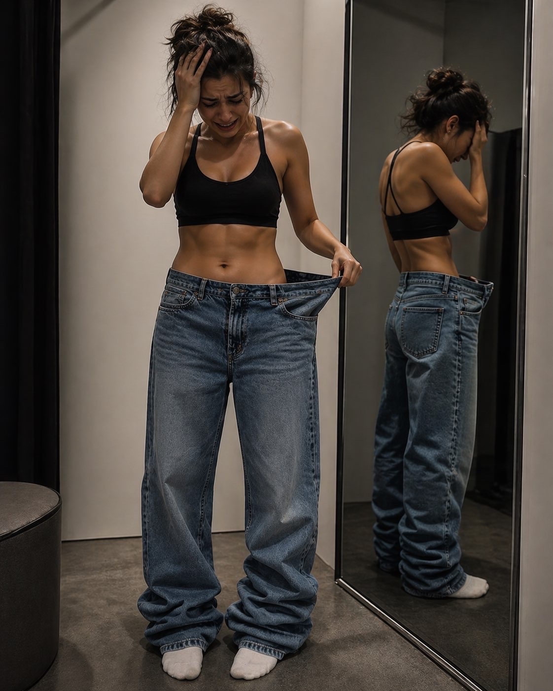 Jean mal ajusté porté devant un miroir